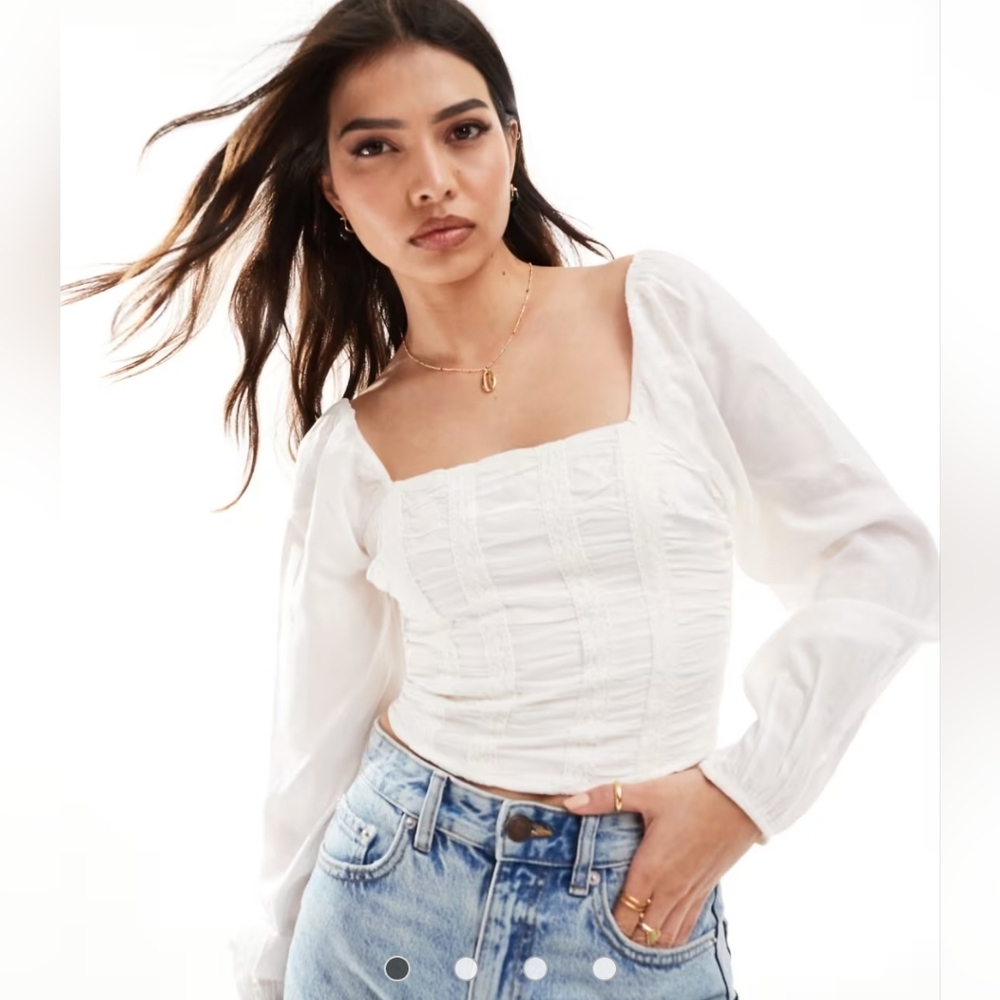 Hollister White Long Sleeve Cropped Top Ruffle Bodice NWT